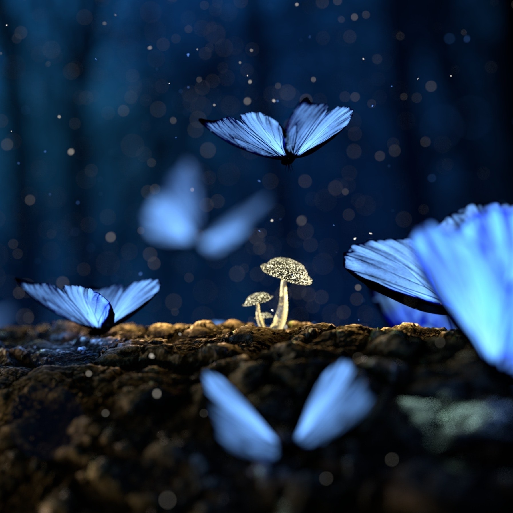 Blue butterflys and mushrooms - Edited